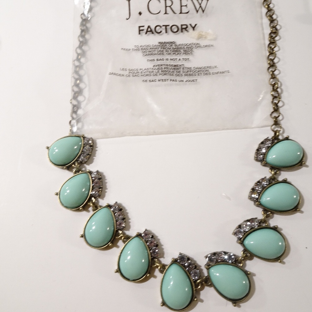 J. Crew Factory Mint Teardrop Statement Necklace with Clear Rhinestones